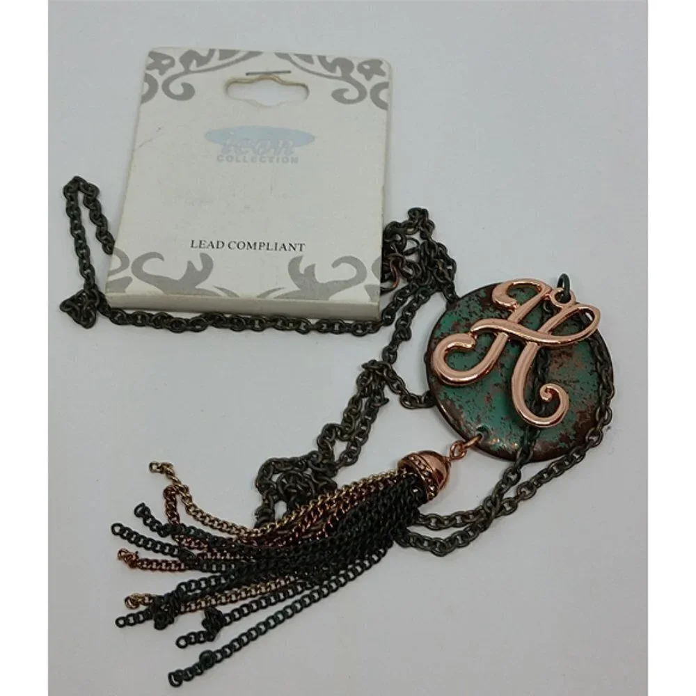 Nwt icon cellection initial letter H multi tone long tassel fringe necklace
